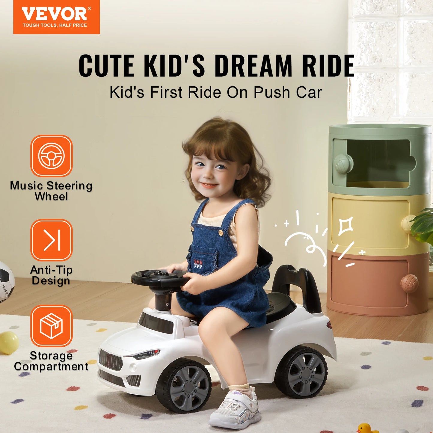 Ride-On Push Car Toy with Music & Steering Wheel